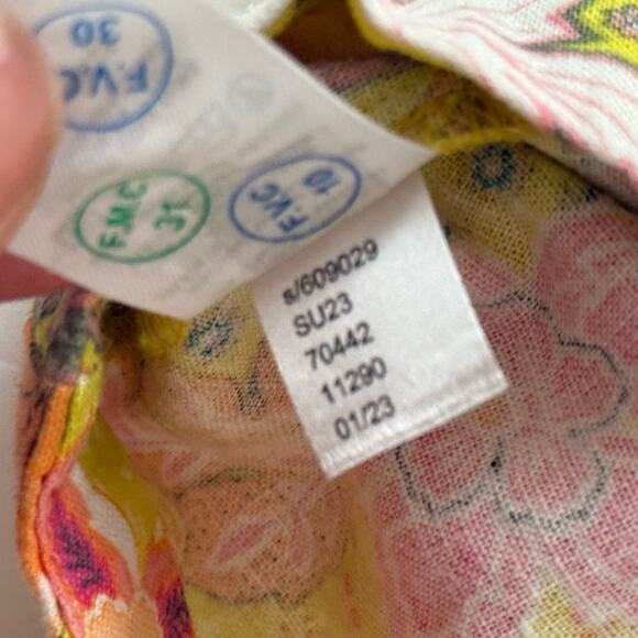 Loft Linen Artsy Yellow Floral Puff Sleeve Top Large Square Neck Boho Vacation - Picture 10 of 13